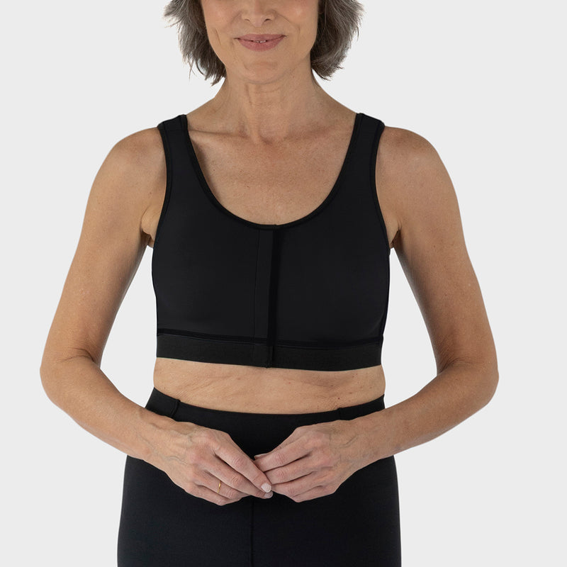 Caress Ultra-Soft Velcro-Closure Surgical Bra, front view in black