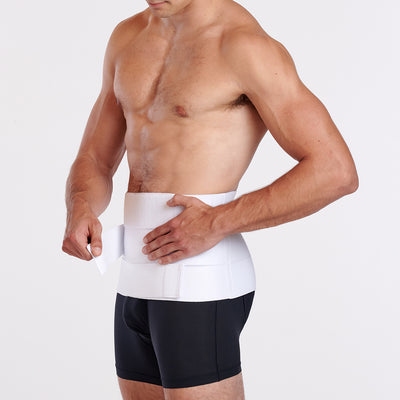 Marena Recovery style AB3S3 abdominal binder, detail side view shown on male model.