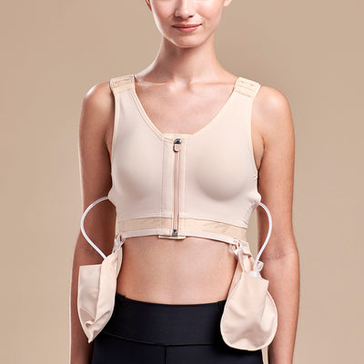 Marena Recovery POUCH 2 drain bulb pouches worn on B19 drain bulb management bra, front view on female model