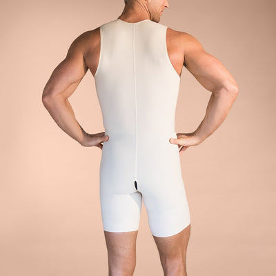 Marena Recovery style MB men sleeveless compression bodysuit with front zipper, back view in beige