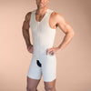 Marena Recovery style MB men sleeveless compression bodysuit with front zipper, front pose view in beige