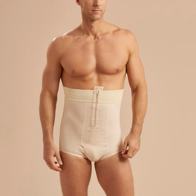 Marena Recovery style MG Men's Brief length compression girdle, front view in beige