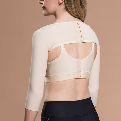 Marena Recovery style SM 3/4 length compression sleeve, back view in beige