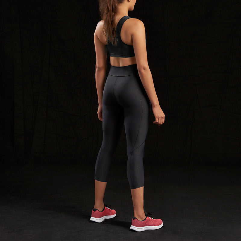 Marena Sport style 225 Core Natural Waist Capri length compression legging front pose view, in black 
