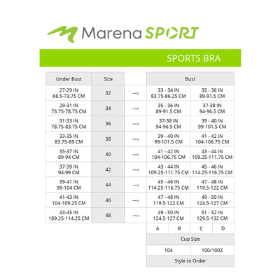 Marena Sport Women's Sports Bra size chart