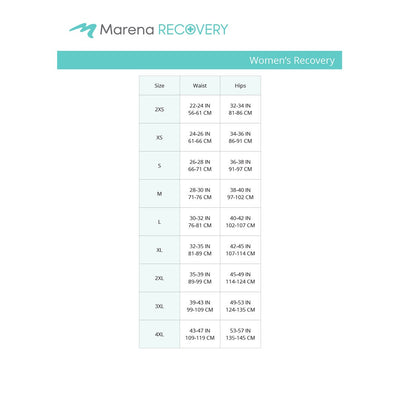Marena Women's Recovery size chart, waist, hips point of measure