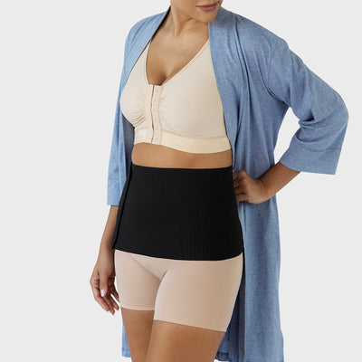 Marena Recovery style AICAB09 abdominal binder front view, shown in black on female model.