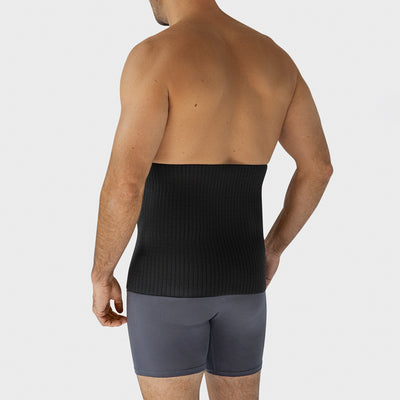 Marena Recovery style AICAB12 abdominal binder back view, shown in black on male model.