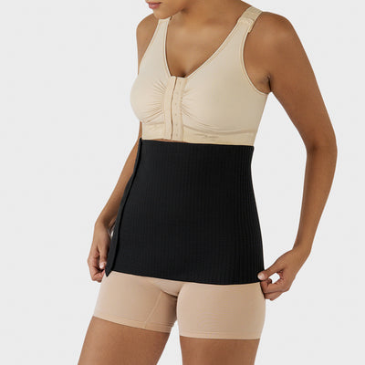 Marena Recovery style AICAB12 abdominal binder detail view, shown in black on female model.