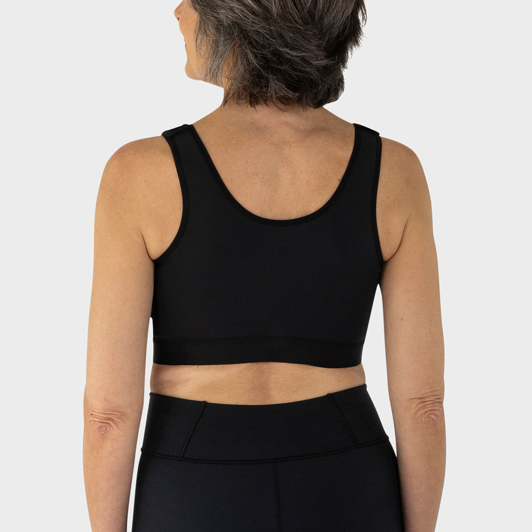 Caress Ultra-Soft Velcro-Closure Surgical Bra, back view in black