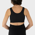 Caress Ultra-Soft Drain Bulb Management Velcro-Closure Surgical Bra, back view in black.