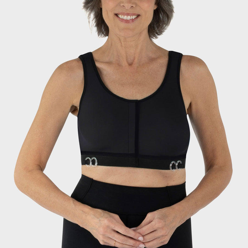 Caress Ultra-Soft Drain Bulb Management Velcro-Closure Surgical Bra, front view in black.