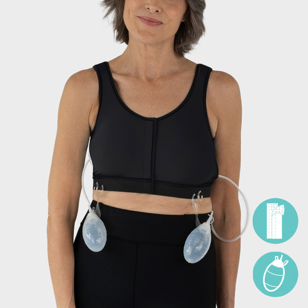 Caress Ultra-Soft Drain Bulb Management Velcro-Closure Surgical Bra, front view in black.