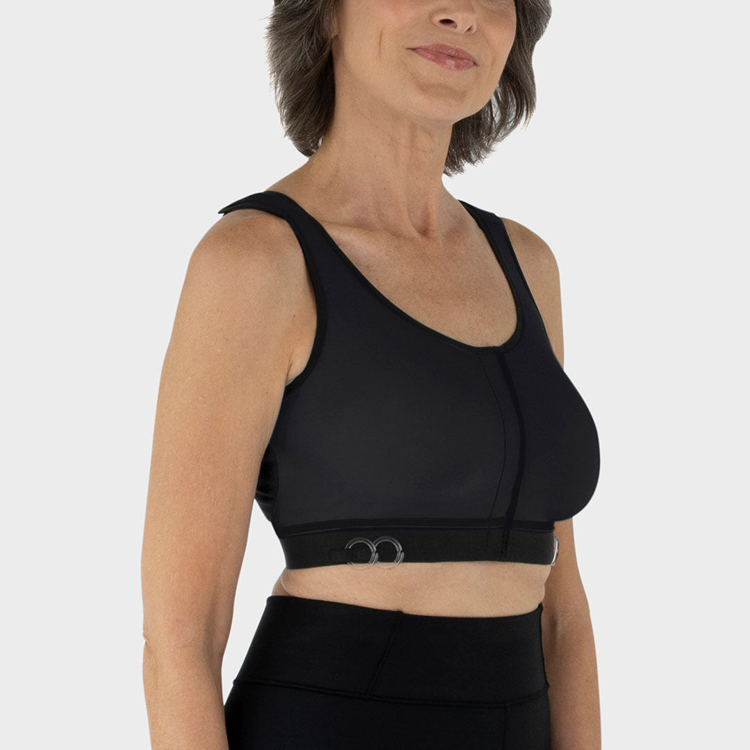 Caress Ultra-Soft Drain Bulb Management Velcro-Closure Surgical Bra,side view in black.