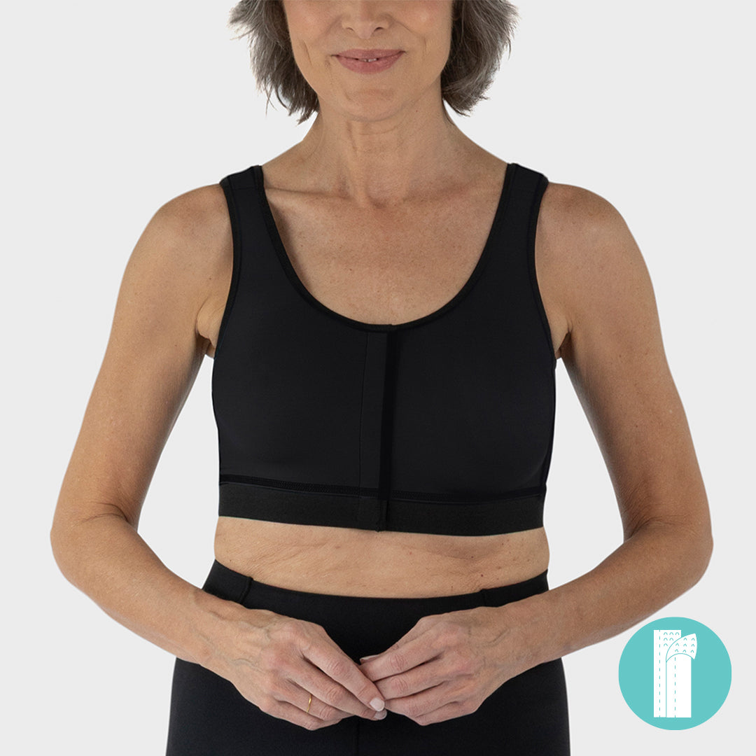 Caress Ultra-Soft Velcro-Closure Surgical Bra, front view in black