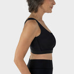 Caress Ultra-Soft Velcro-Closure Surgical Bra, side pose view, in black