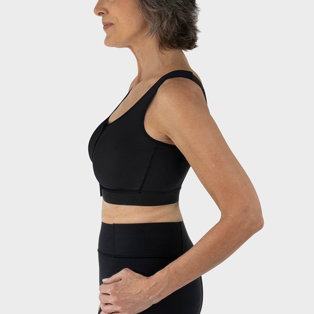 Caress Ultra-Soft Velcro-Closure Surgical Bra, side pose view in black