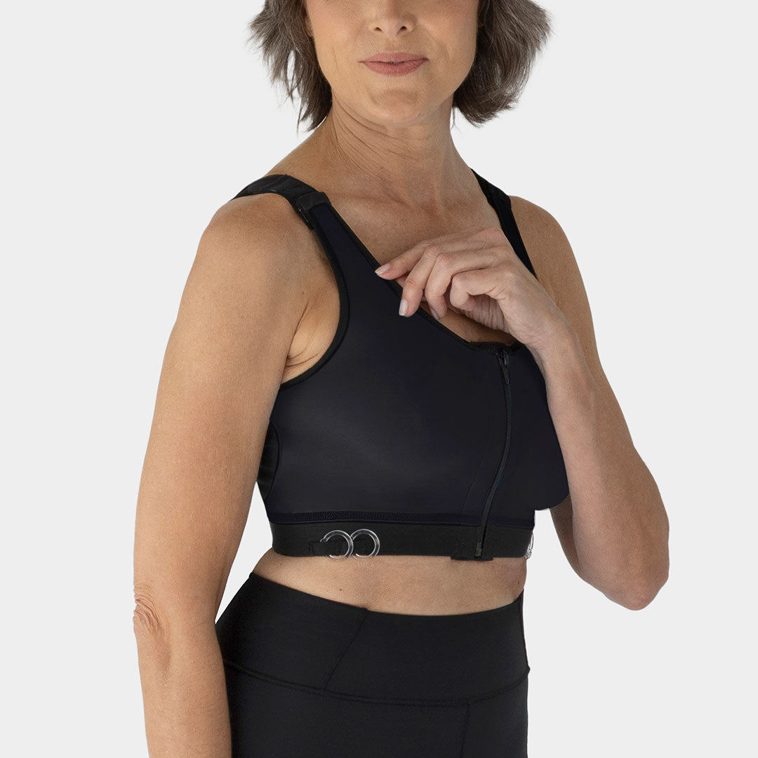 Caress Ultra-Soft Drain Bulb Management Zip-Front Surgical Bra, detail strap view in black