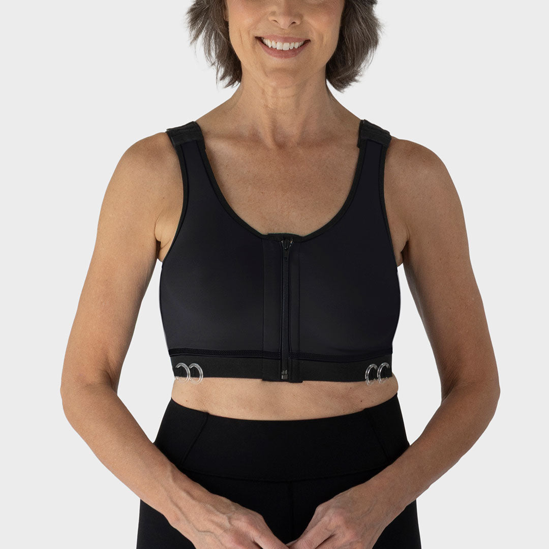 Caress Ultra-Soft Drain Bulb Management Zip-Front Surgical Bra, front view in black