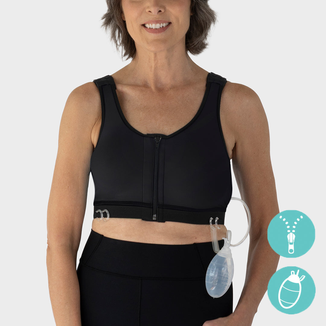 Caress Ultra-Soft Drain Bulb Management Zip-Front Surgical Bra, front view in black