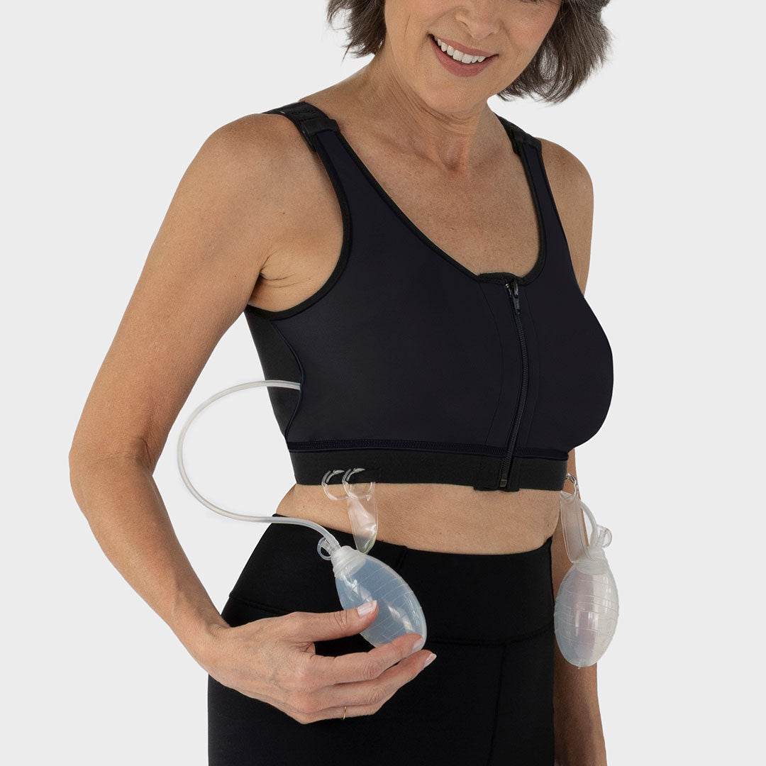 Caress Ultra-Soft Drain Bulb Management Zip-Front Surgical Bra, detail view in black