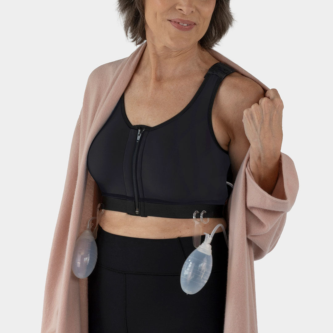 Caress Ultra-Soft Drain Bulb Management Zip-Front Surgical Bra, front posed view in black