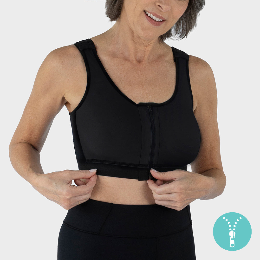 Style Name: Caress Ultra-Soft Zip-Front Surgical Bra, front view in black