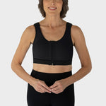 Style Name: Caress Ultra-Soft Zip-Front Surgical Bra, front view in black