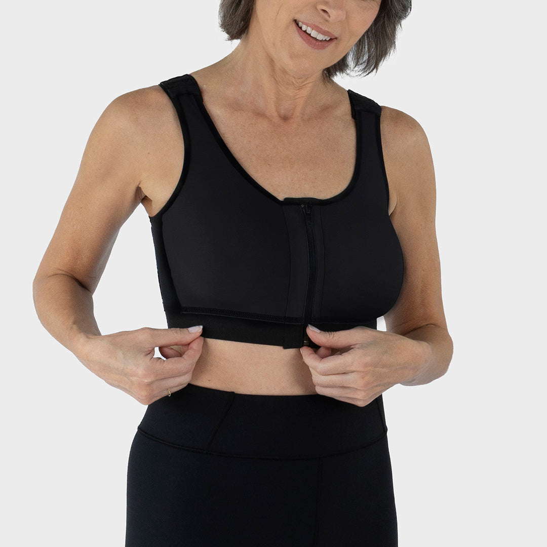 Style Name: Caress Ultra-Soft Zip-Front Surgical Bra, detail view in black