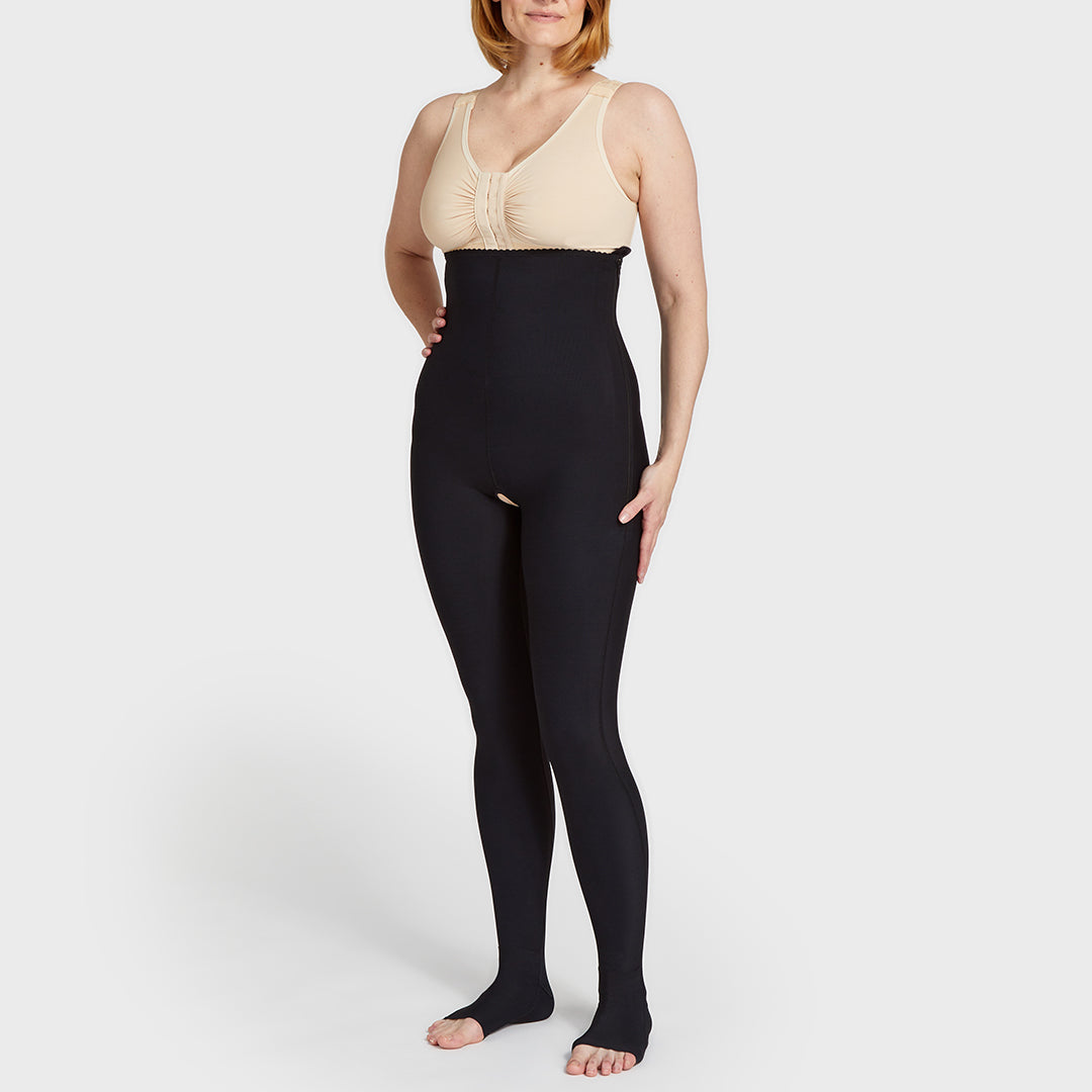 Marena Recovery style LGLFM lipedema garment in black, shown from the front on a female model.