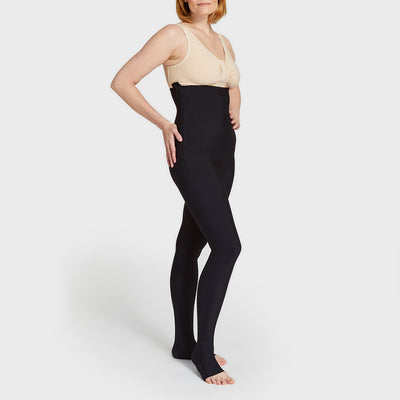 Marena Recovery style LGLFM lipedema garment in black, shown from the side on a female model.