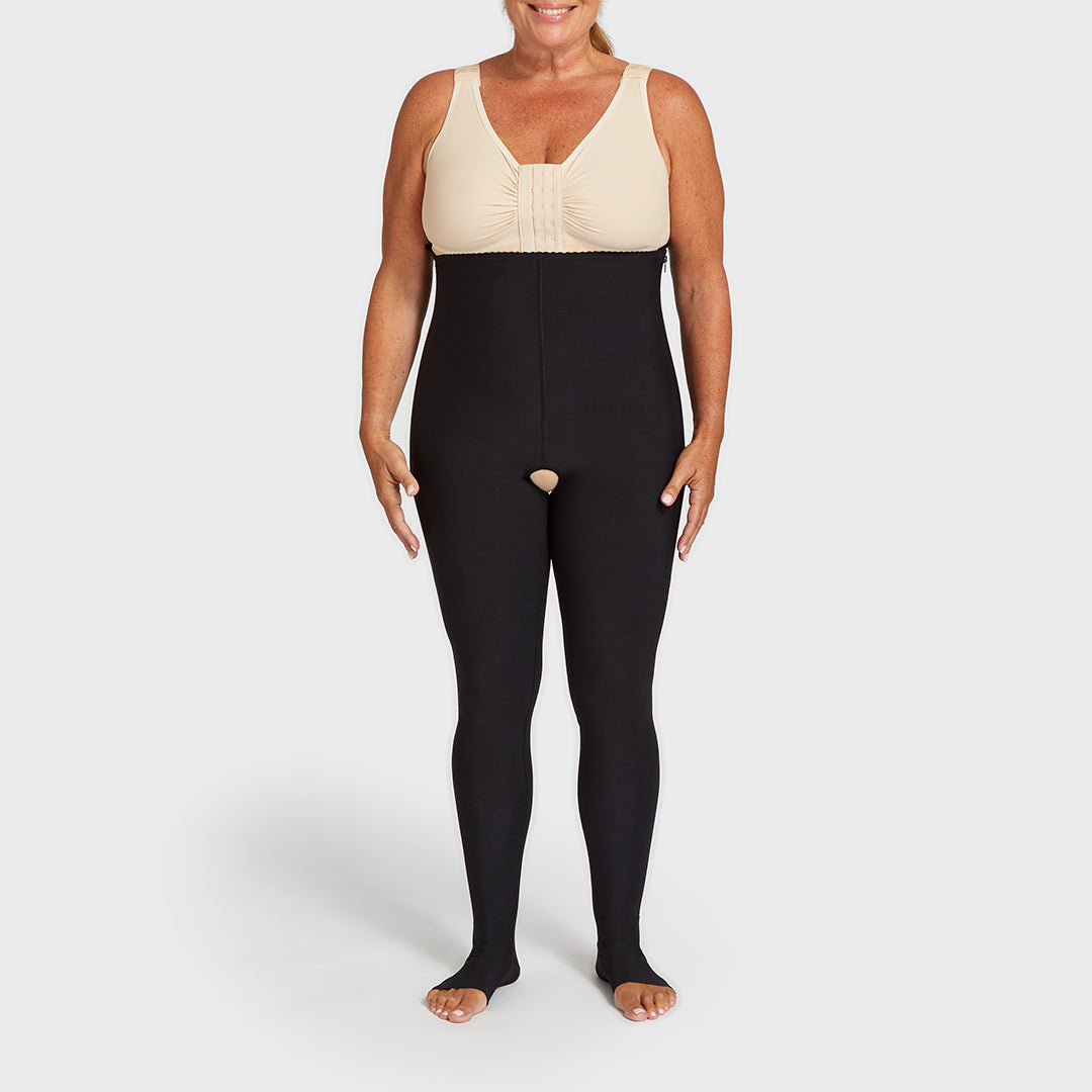 Marena Recovery style LGLFW Lipedema garment in black, shown from the front on a female model.