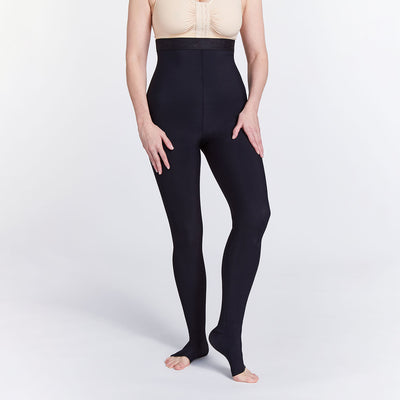 Marena Recovery style LIEMLES Early-State Lipedema garment in black, comfort ankle detail shown from the front on a female model.