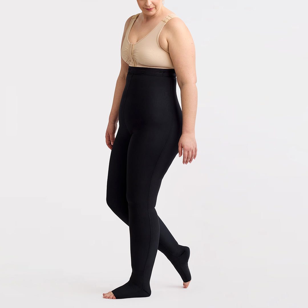 Marena Recovery style LIEMLES, Lipedema Everyday Management Legging in black, shown from the side on a female model.