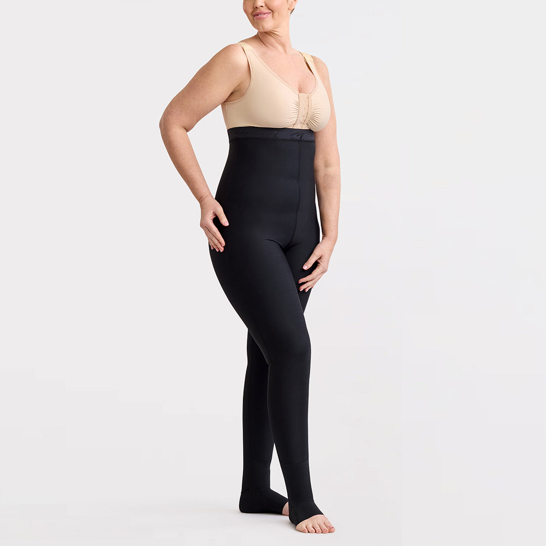 Marena Recovery style LIEMLES, Lipedema Everyday Management Legging in black, shown from the side on a female model.