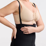 Marena Recovery style LIPSGHE, Lipedema Post-Surgical Girdle with Hook-&-Eye in black, strap detail view, shown from the front on a female model.