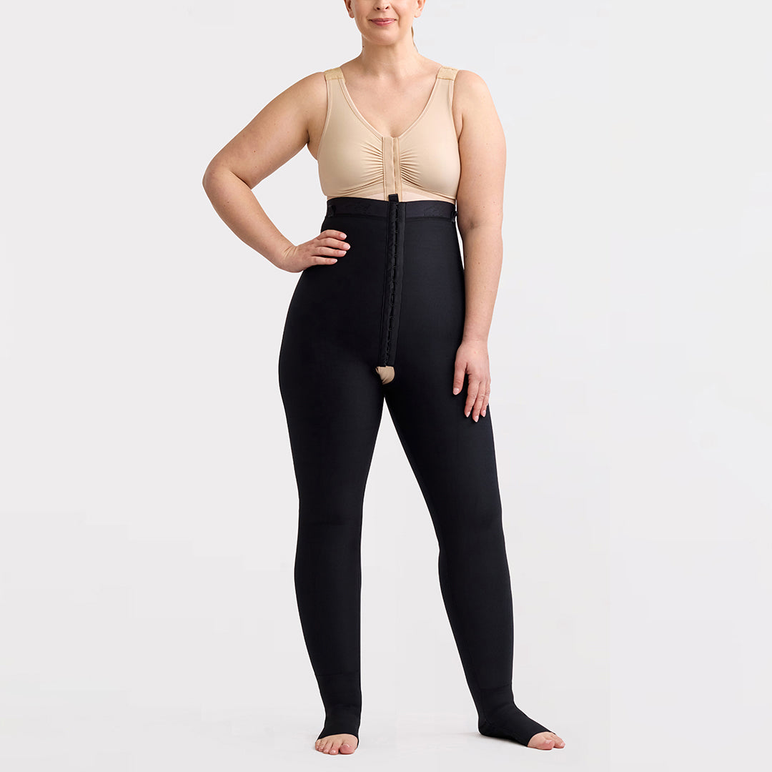 Marena Recovery style LIPSGHE, Lipedema Post-Surgical Girdle with Hook-&-Eye in black, shown from the front on a female model.