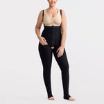 Marena Recovery style LIPSGHE, Lipedema Post-Surgical Girdle with Hook-&-Eye with suspenders in black, shown from the front on a female model.