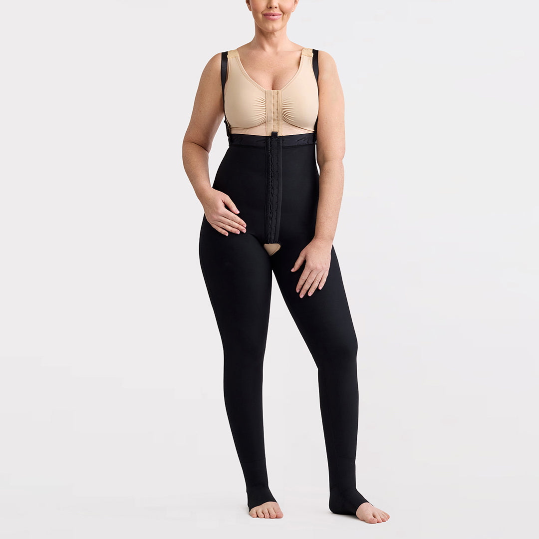 Marena Recovery style LIPSGHE, Lipedema Post-Surgical Girdle with Hook-&-Eye with suspenders in black, shown from the front on a female model.