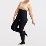 Marena Recovery style LIPSGHE, Lipedema Post-Surgical Girdle with Hook-&-Eye in black, posed view on a female model.
