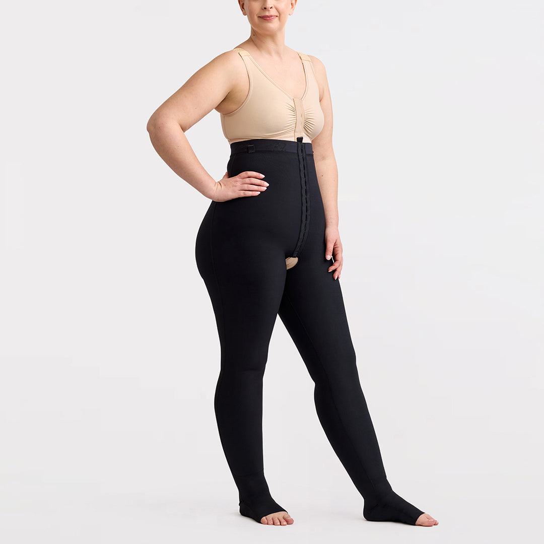 Marena Recovery style LIPSGHE, Lipedema Post-Surgical Girdle with Hook-&-Eye in black, shown from the front on a female model.