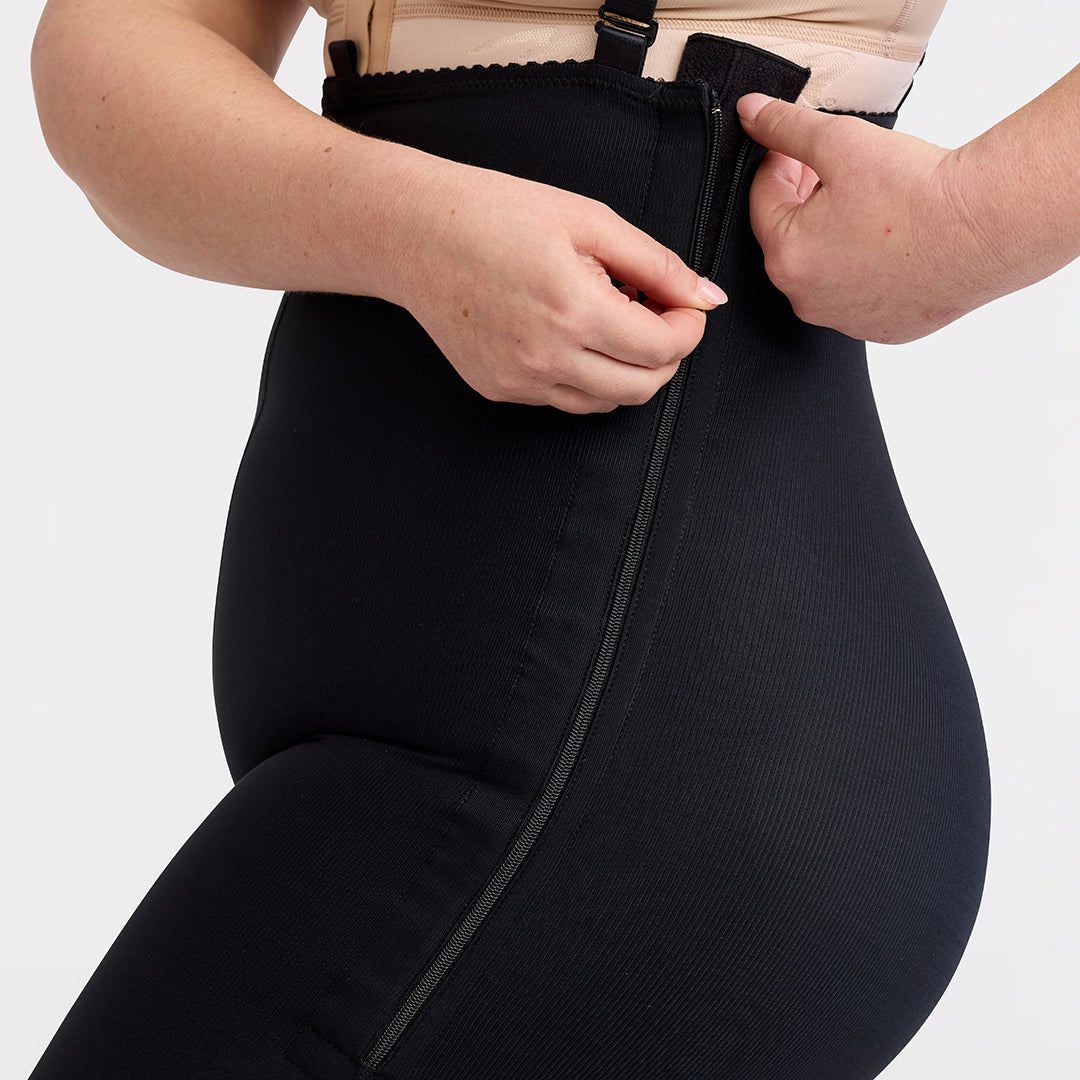 Marena Recovery style LIPSGSZ, Lipedema Post-Surgical Girdle with side zipper closures and suspenders close up detail