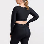 Marena Recovery style LIVOLH Lipedema Post-Surgical Open Bust Vest With Hand Coverage, in black, back view shown on a female model.