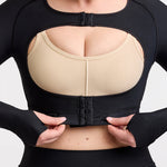 Marena Recovery style LIVOLH Lipedema Post-Surgical Open Bust Vest With Hand Coverage, in black, front detail view shown on a female model.