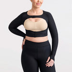 Marena Recovery style LIVOLH Lipedema Post-Surgical Open Bust Vest With Hand Coverage, in black, front view shown on a female model.