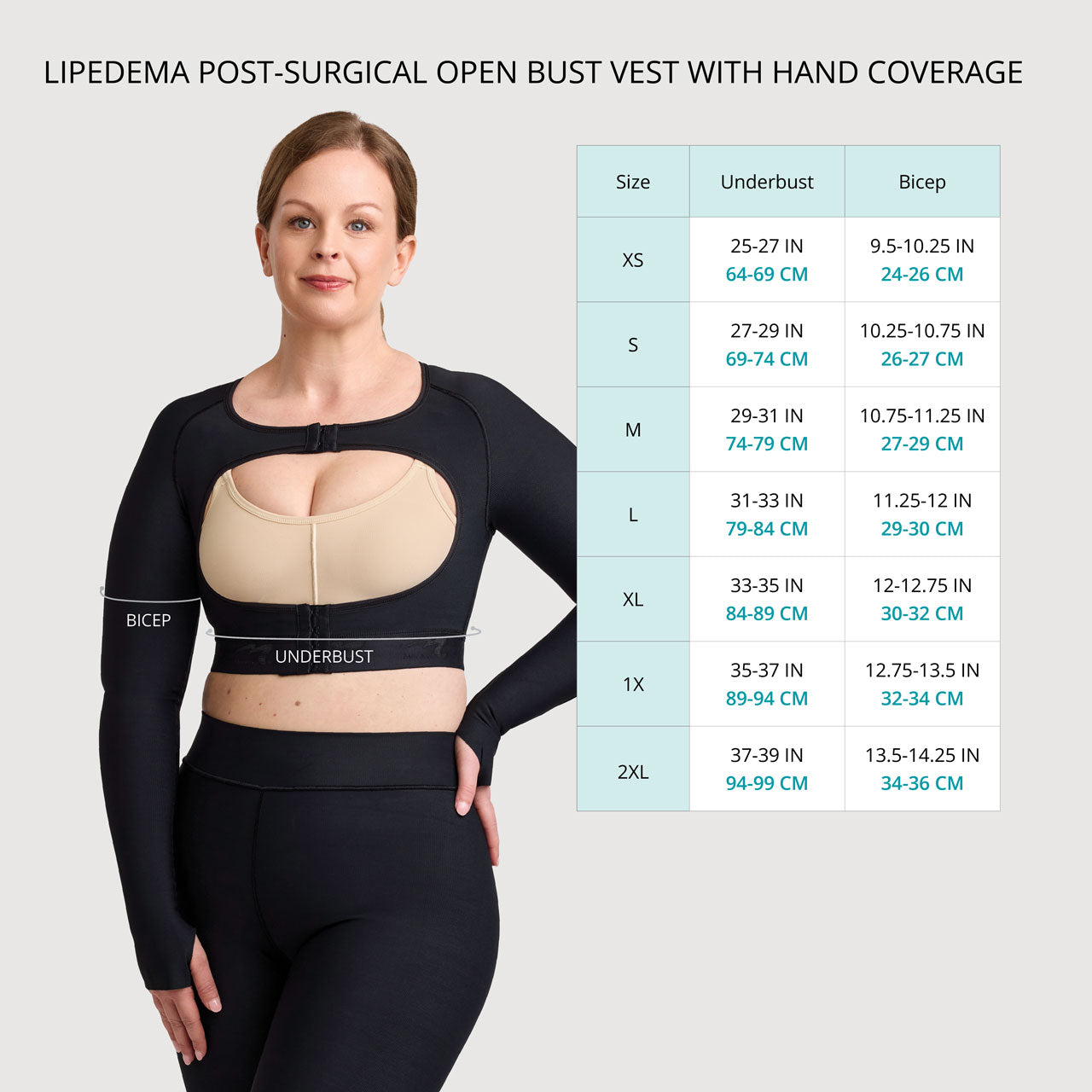 Lipedema Post-Surgical Open Bust Vest With Hand Coverage | Style