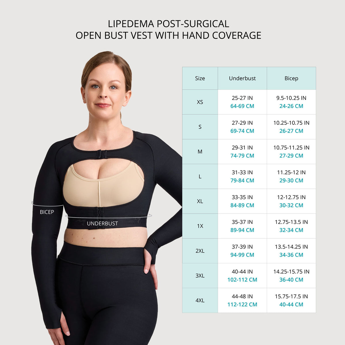 Size chart for Lipedema Vest with Hands
