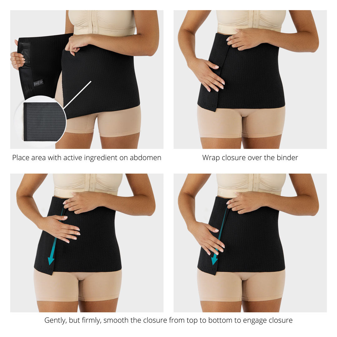 Step-by-step instructions for using the Pain-Relieving Abdominal Binder. 