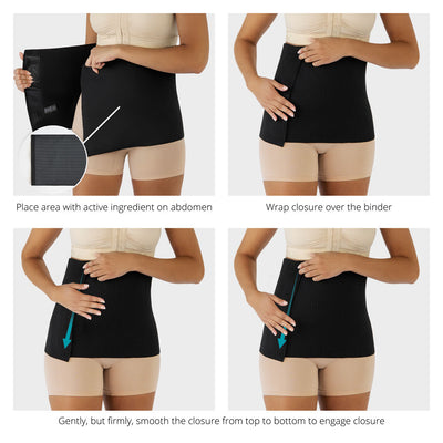 Step-by-step instructions for using the Pain-Relieving Abdominal Binder.