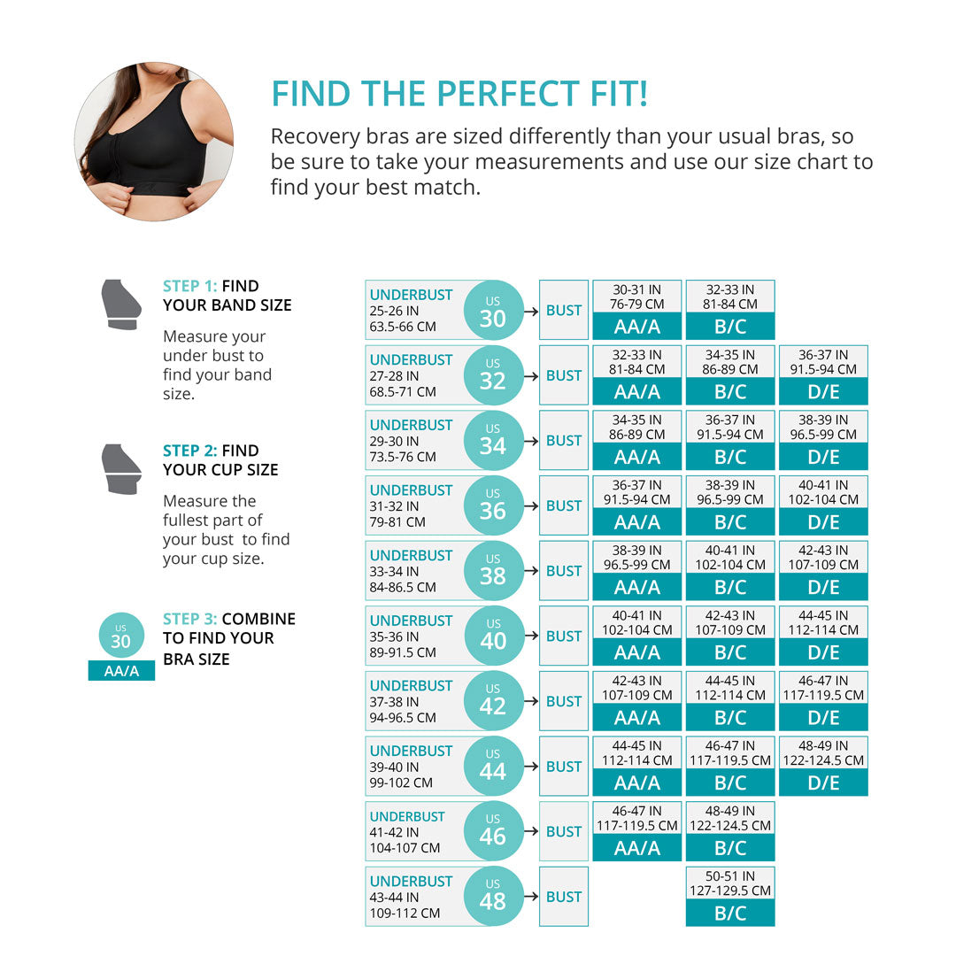 Size chart for recovery bras with step-by-step instructions on finding the perfect fit.